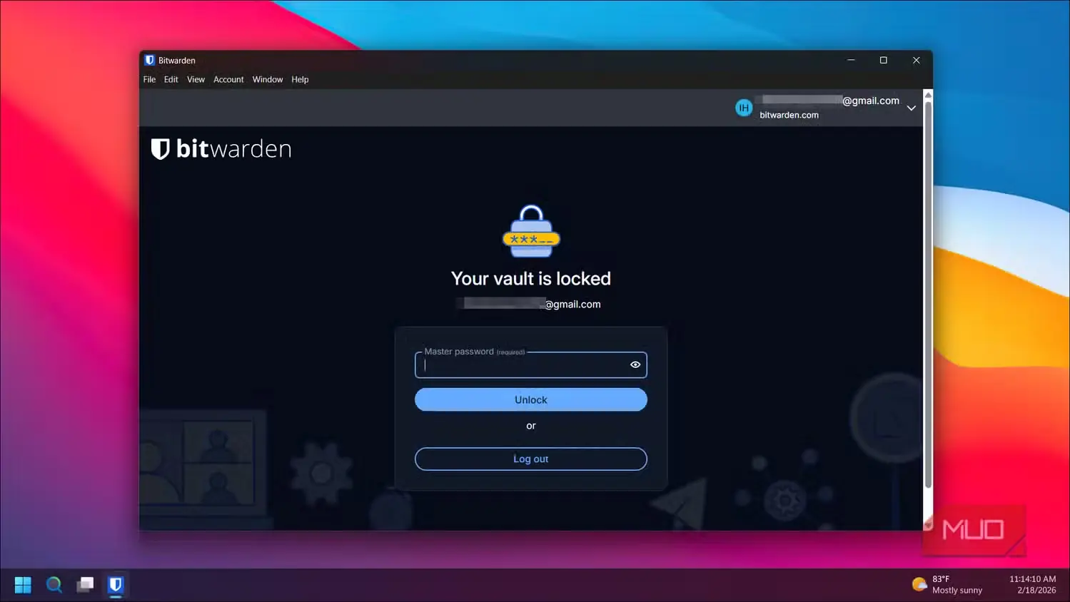 پنجره قفلبودن خزانه Bitwarden در Windows 11