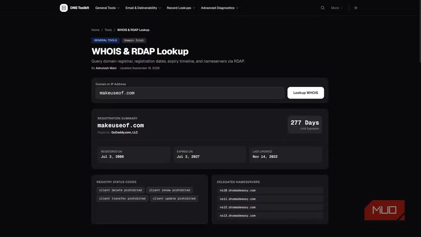نمایش اطلاعات ثبت دامنه در جستوجوی WHOIS و RDAP ابزار DNS Toolkit
