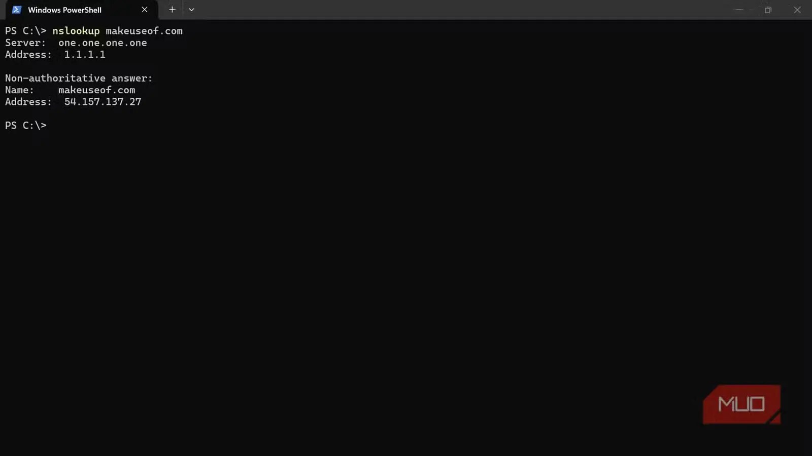 حل نشانی makeuseof.com به یک آدرس IP با nslookup در Windows