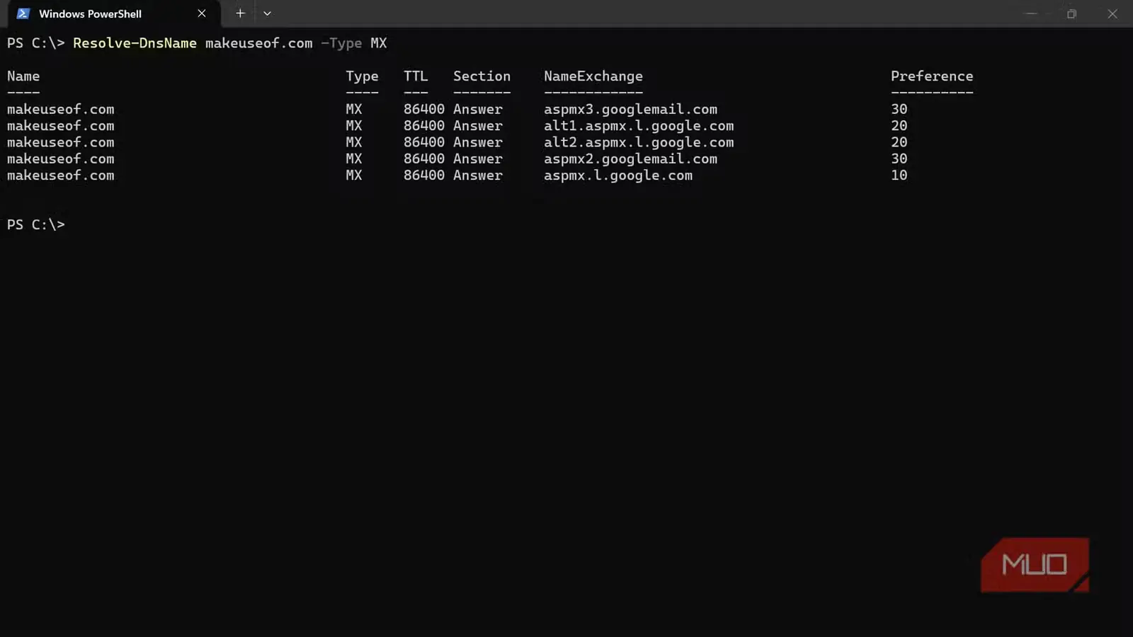 جستوجوی رکورد MX با PowerShell