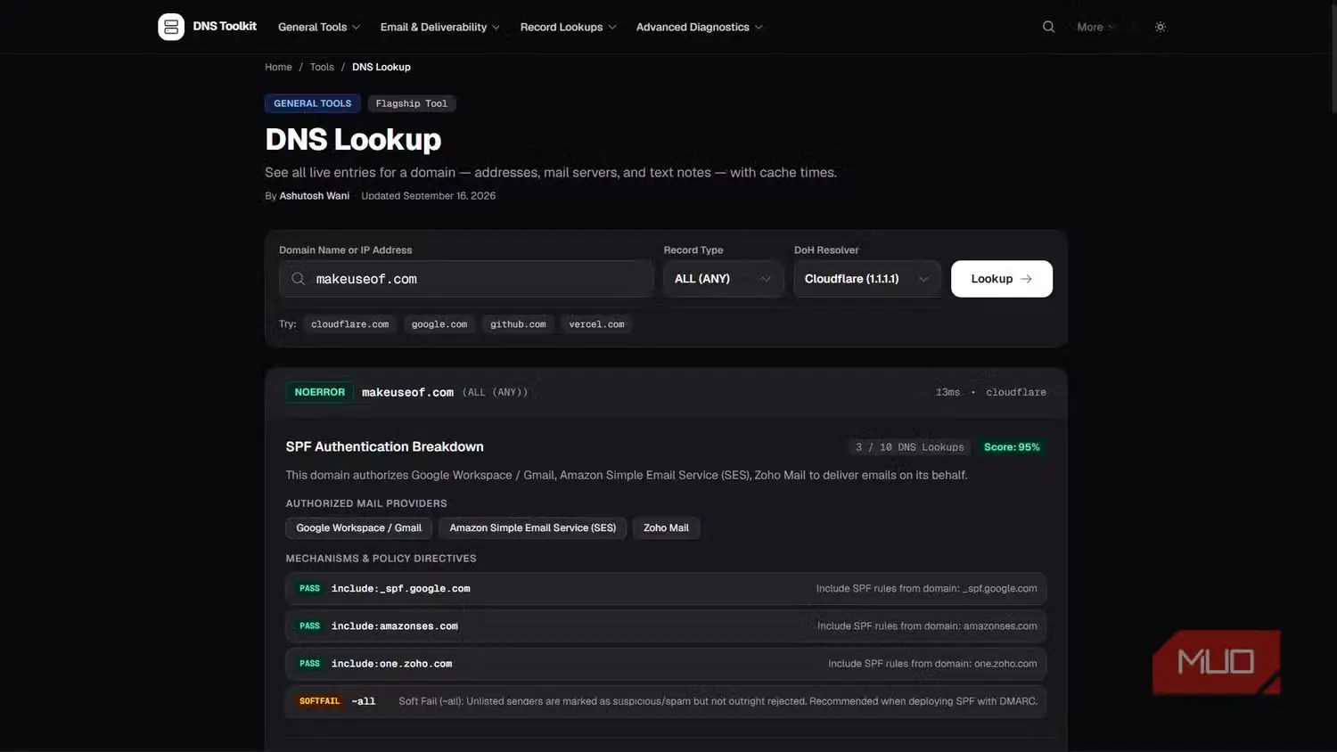 نمایش جزئیات رکورد SPF در DNS Toolkit