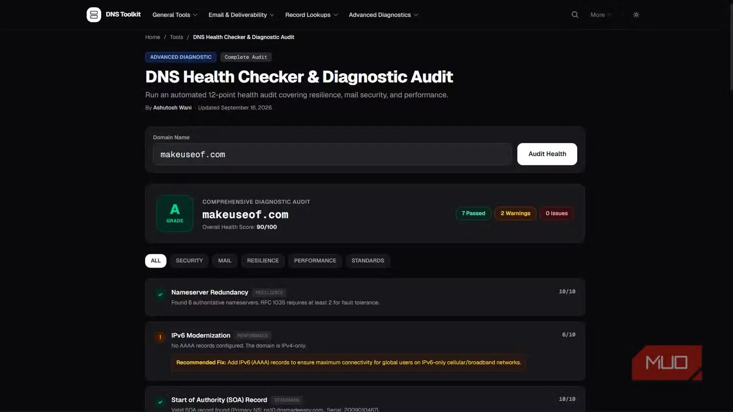 خلاصه بررسی سلامت دامنه در DNS Toolkit