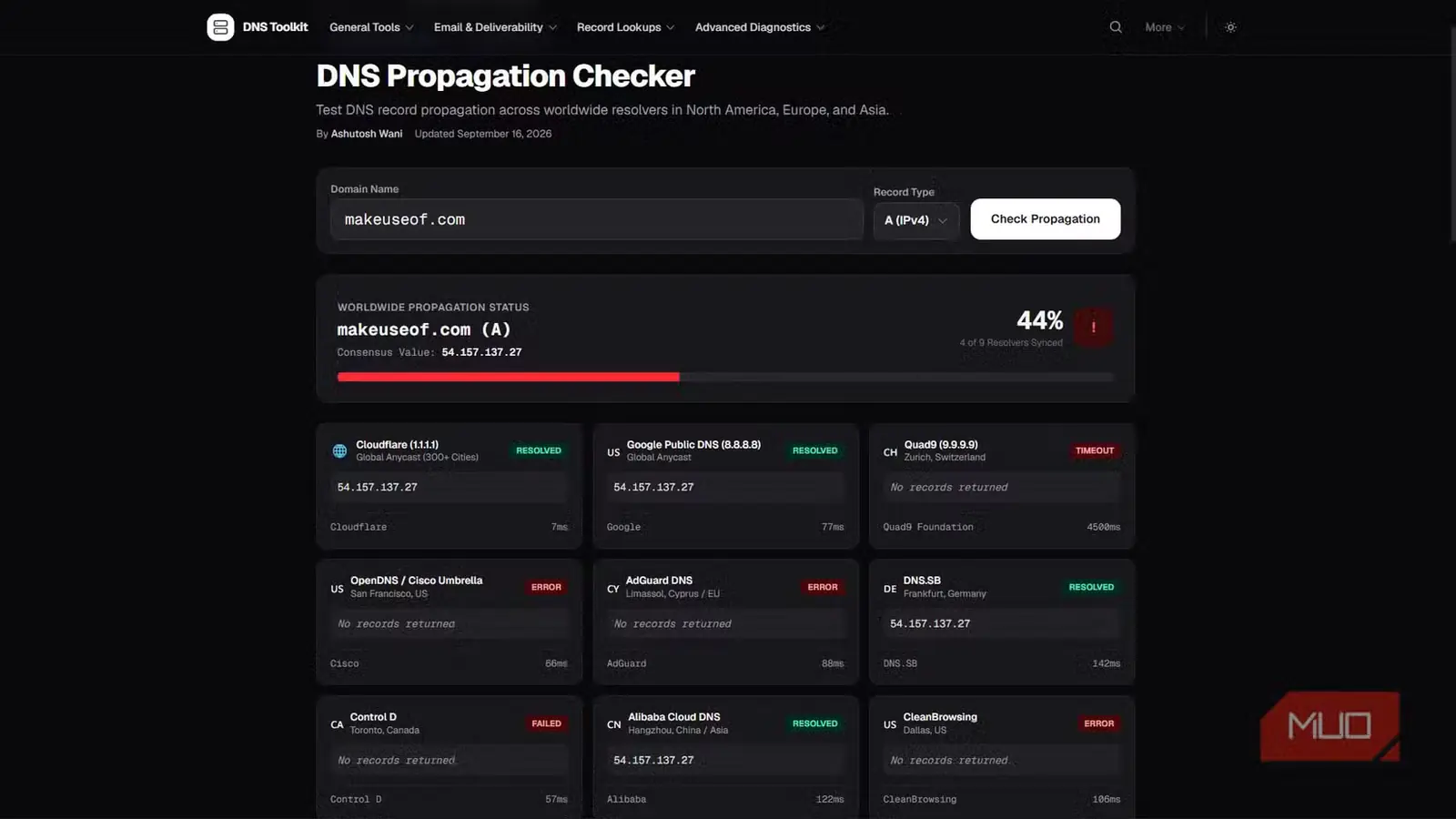 بررسی یک رکورد A با چندین حلکننده عمومی DNS در DNS Toolkit