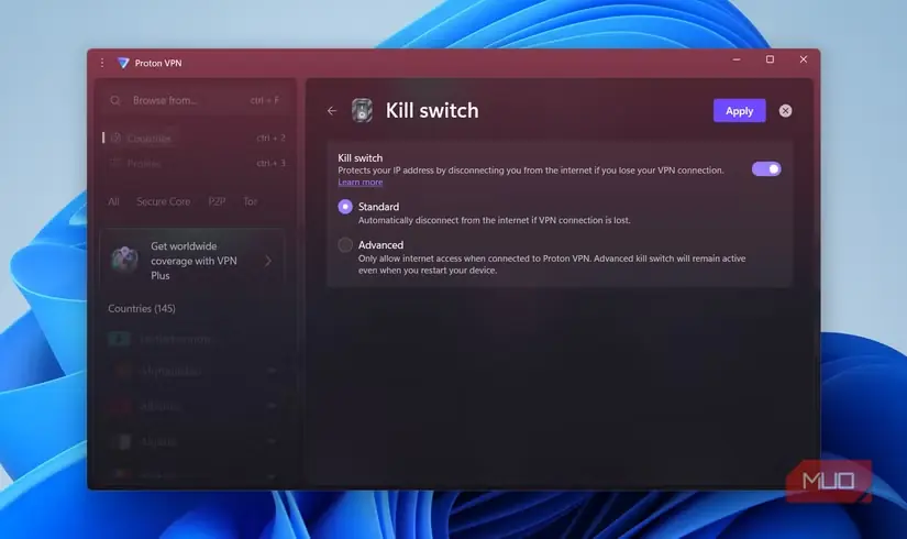 کلید قطع اضطراری در Proton VPN