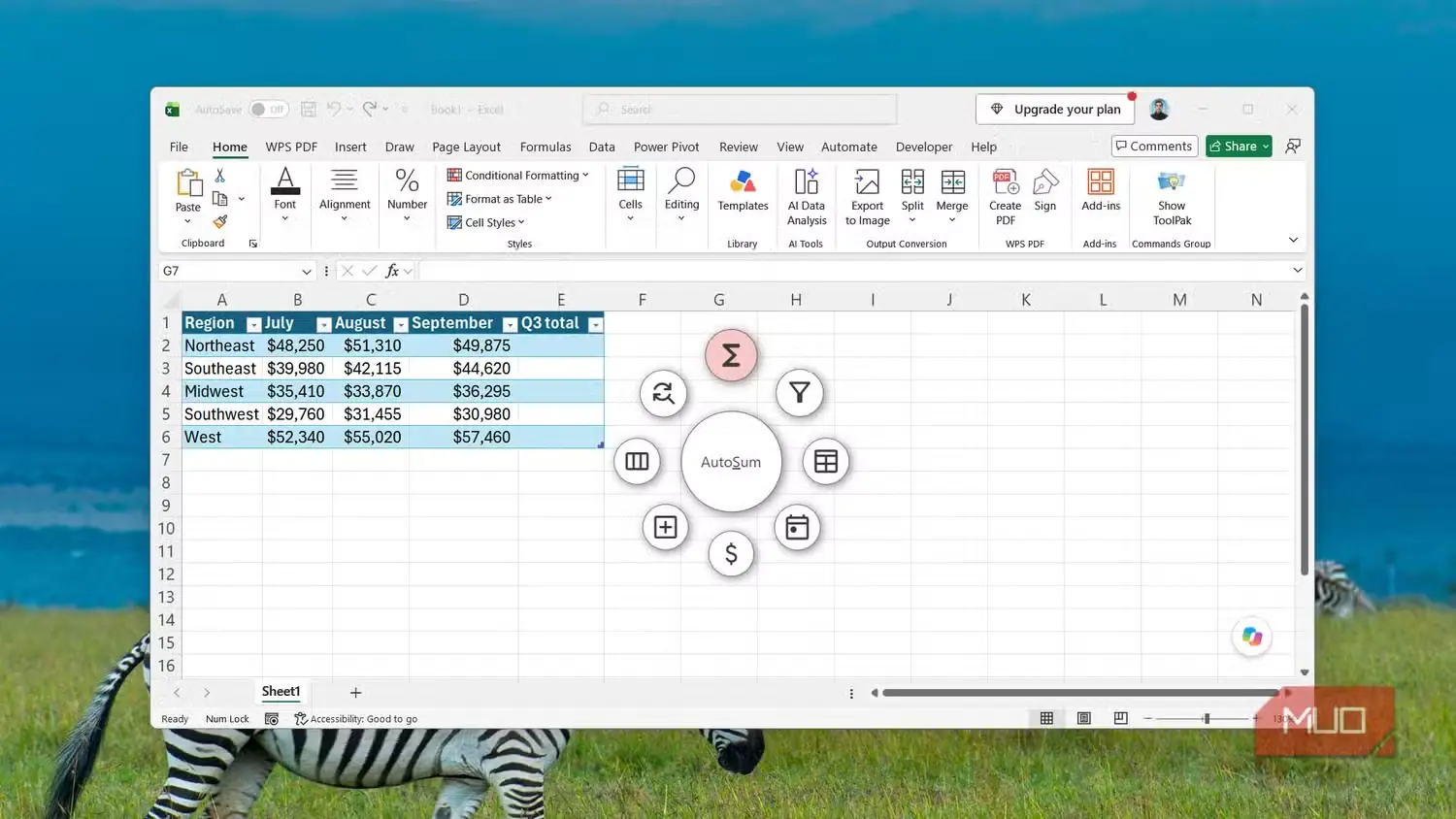 منوی Excel در Kando که کنار جدول فروش سهماهه در Excel باز شده است.