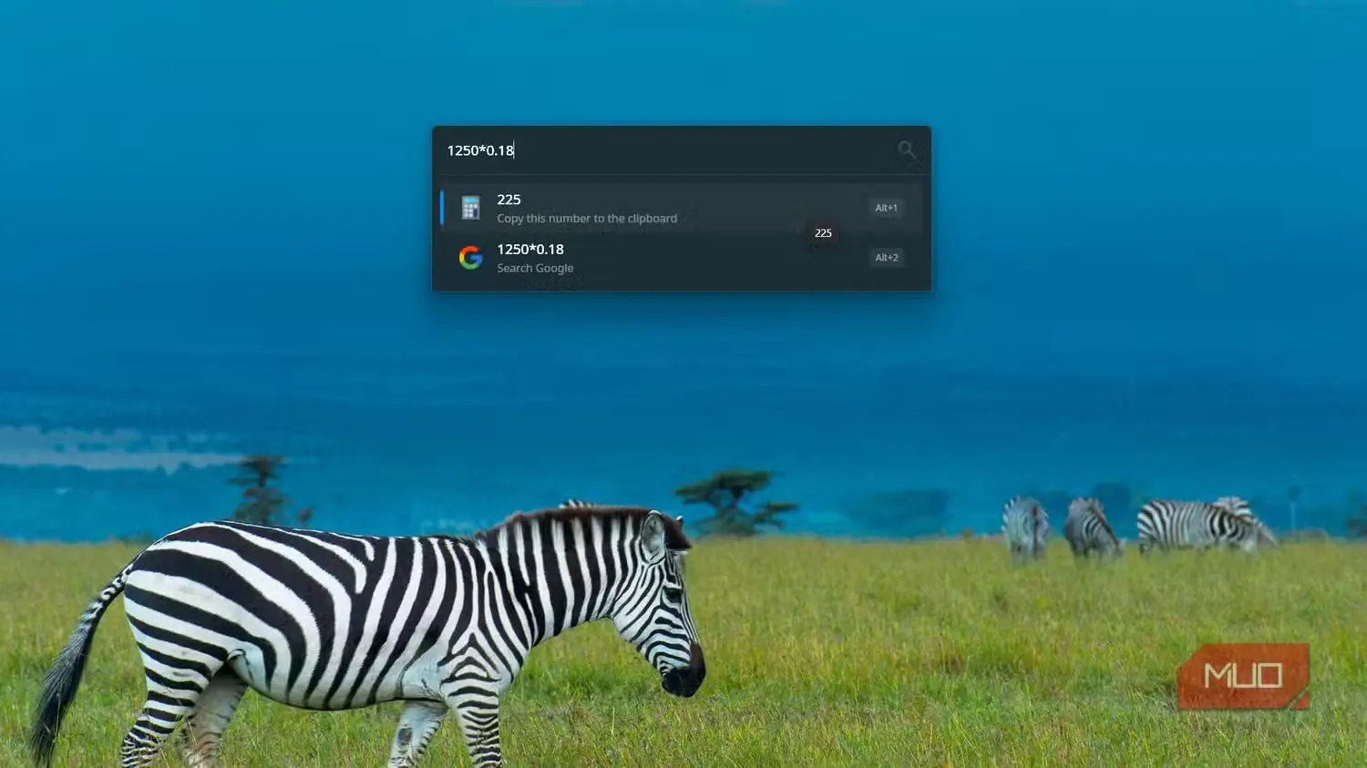 محاسبه ۱۸ درصد از ۱٬۲۵۰ در نوار جستوجوی Flow Launcher.