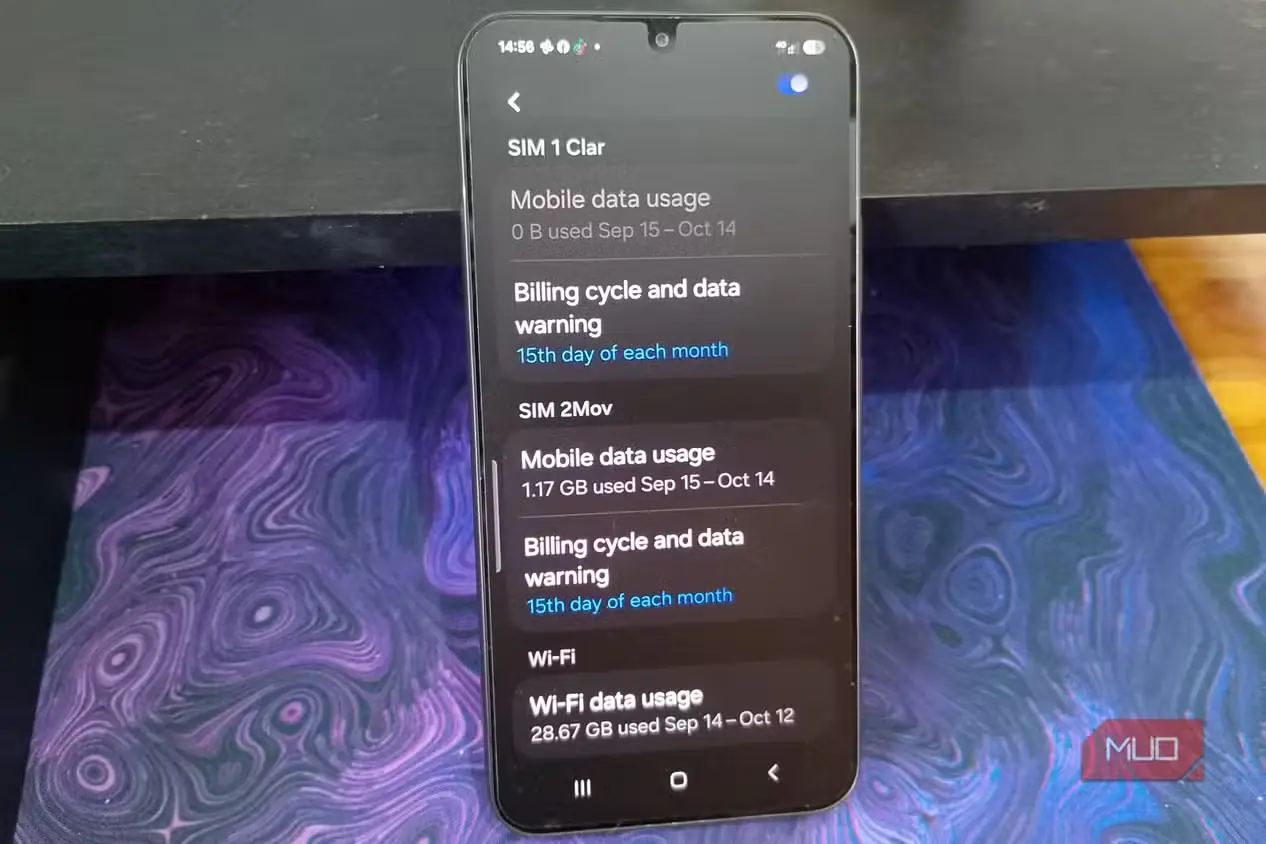 صفحه مصرف داده Samsung Galaxy با گزینههای دوره صورتحساب و هشدار مصرف برای دو سیمکارت که هر دو روی روز پانزدهم ماه تنظیم شدهاند