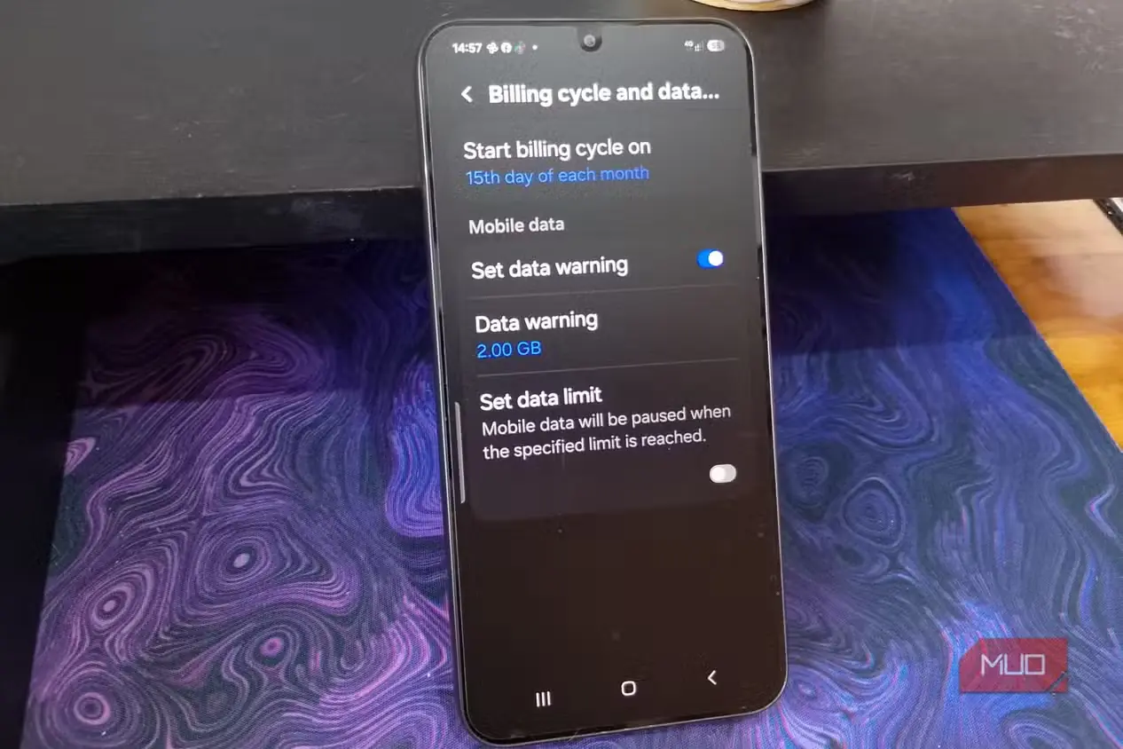 تنظیمات دوره صورتحساب و هشدار مصرف در Samsung Galaxy با هشدار فعال 2GB و آغاز دوره در روز پانزدهم