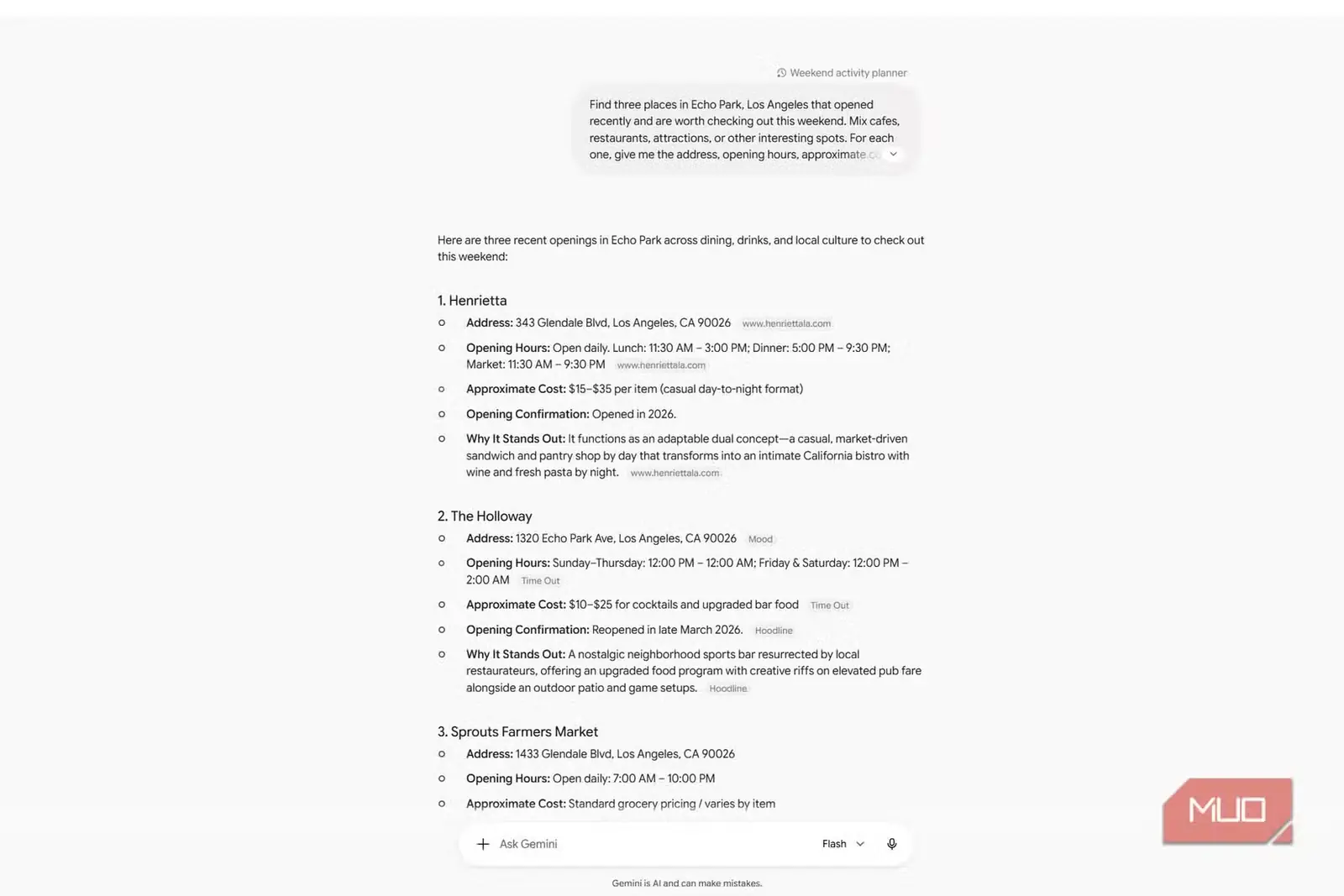 برنامهریز فعالیت آخر هفته Gemini با سه مکان تازهافتتاحشده در Echo Park لسآنجلس، همراه با نشانی، ساعت کاری و هزینه تقریبی