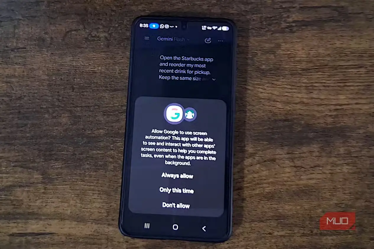 گوشی Android با درخواست مجوز Gemini برای استفاده از خودکارسازی صفحه هنگام سفارش دوباره نوشیدنی Starbucks