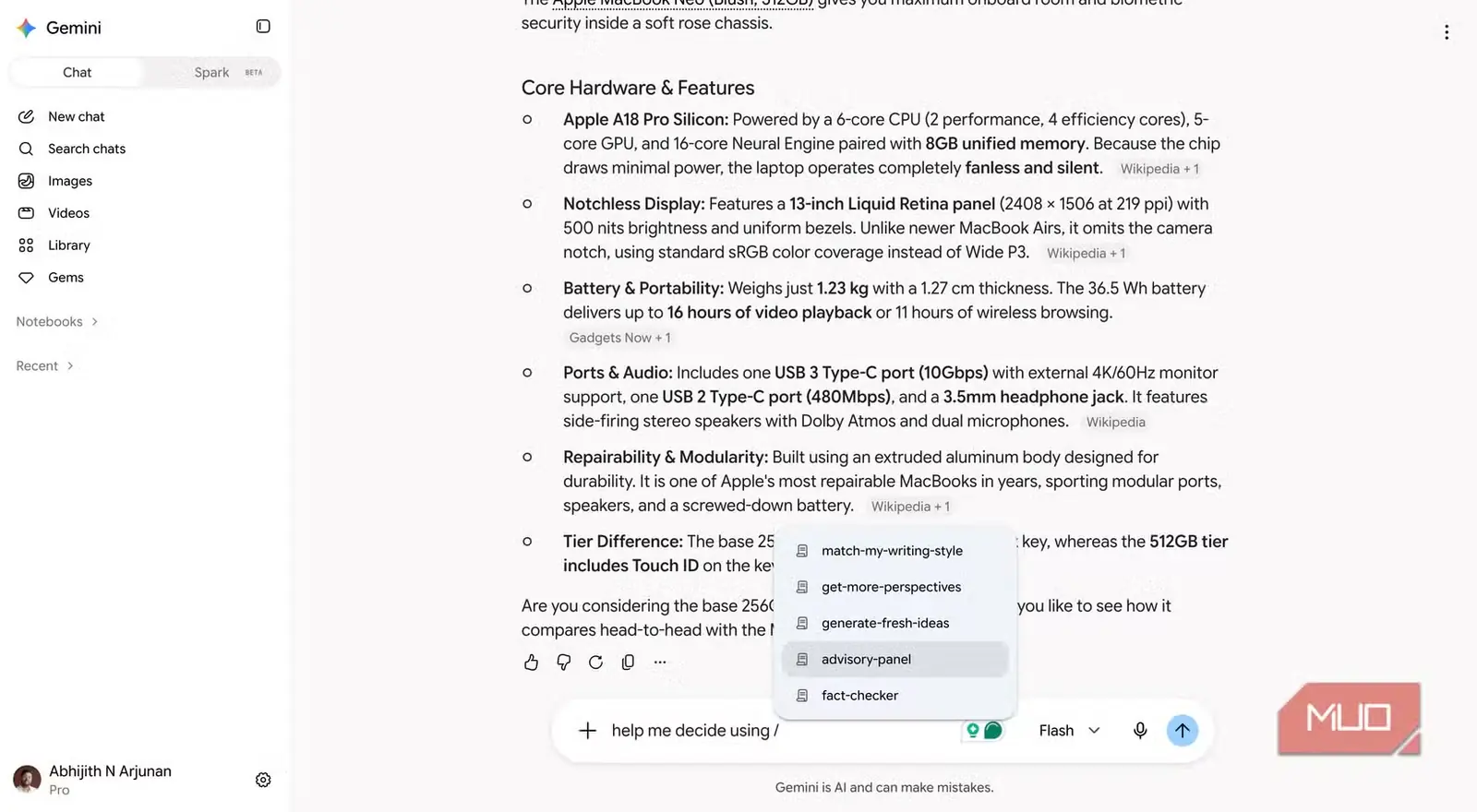نمای صفحه اجرای یک مهارت مشخص در FinChat بهدست Gemini