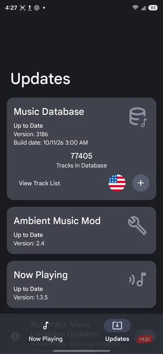 صفحهٔ بهروزرسانی پایگاه دادهٔ موسیقی در Ambient Music Mod