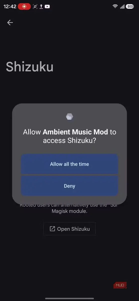 صفحهٔ اعطای مجوز دسترسی Shizuku به Ambient Music Mod