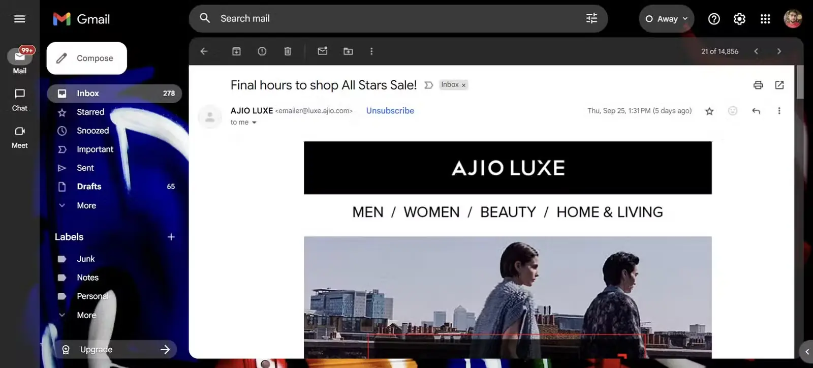 صندوق ورودی Gmail با یک ایمیل تبلیغاتی و تصاویر بارگیریشده