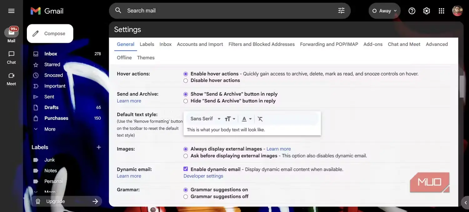 صفحه تنظیمات Gmail با گزینههای نمایش تصاویر