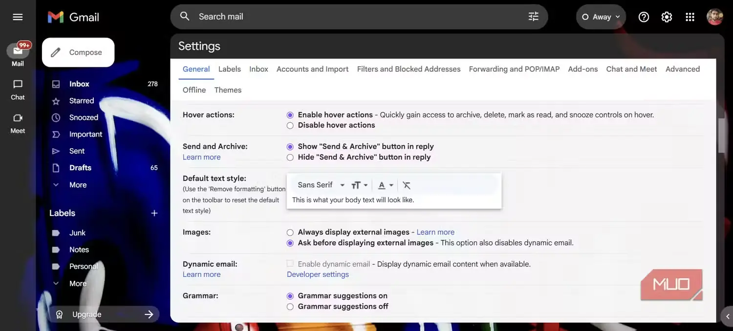 صفحه تنظیمات Gmail با گزینه فعالِ پرسش پیش از نمایش تصاویر خارجی