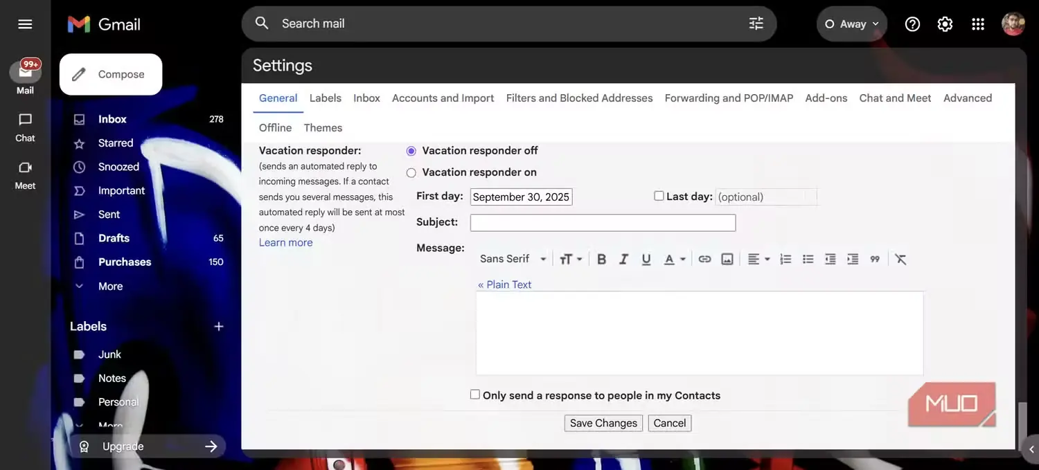 صفحه تنظیمات Gmail با گزینههای پاسخگوی خودکار تعطیلات
