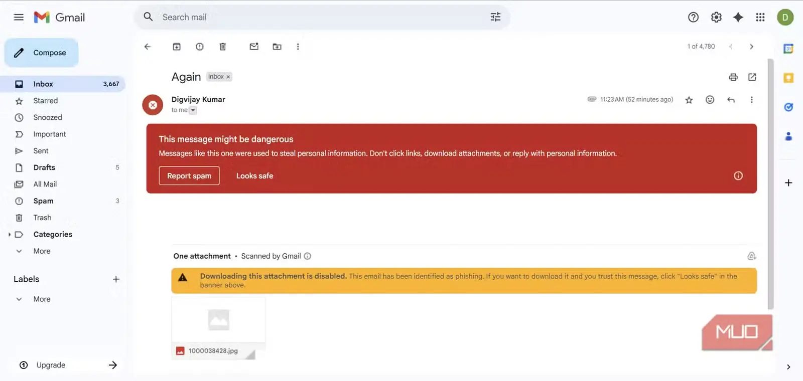 نوار هشدار Gmail روی یک ایمیل مشکوک
