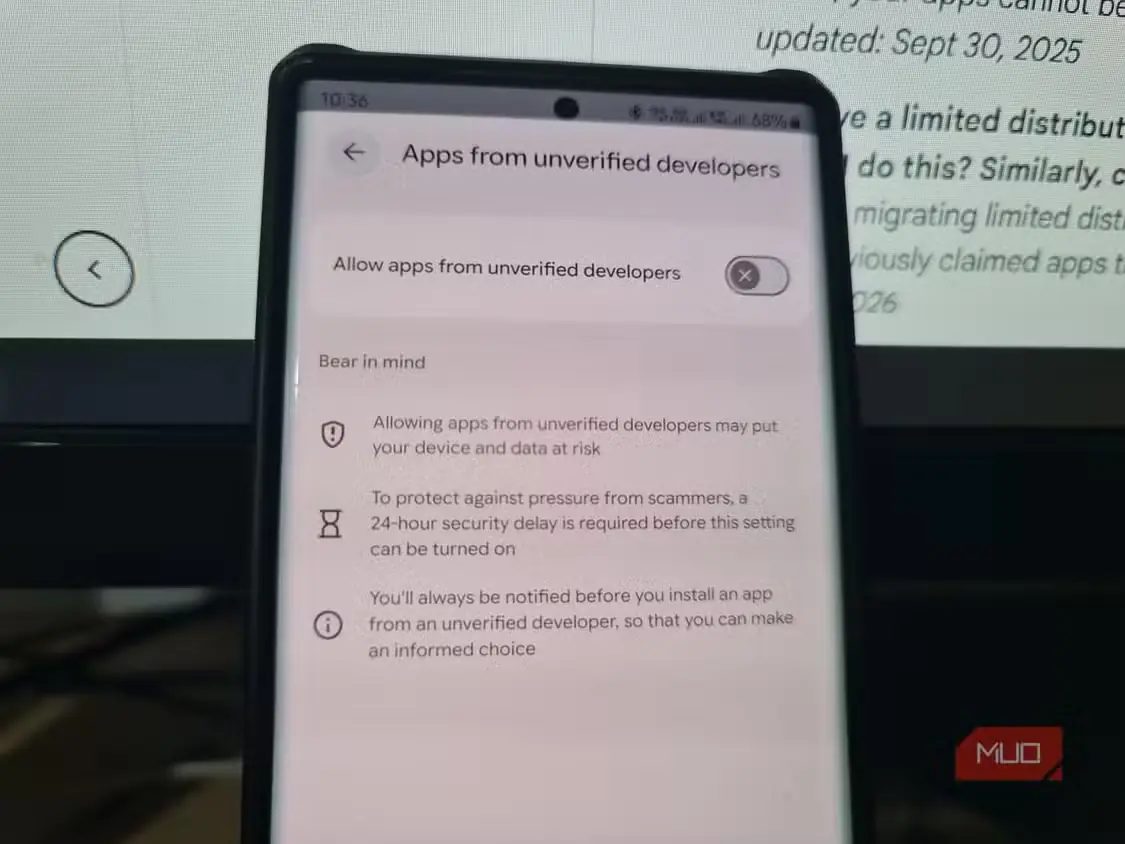 صفحهٔ گوشی Samsung با گزینهٔ خاموش اجازهدادن به برنامههای توسعهدهندگان تأییدنشده