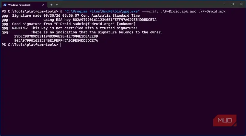 پایانه Windows که تأیید امضای معتبر فایل APK بارگیریشده F-Droid بهدست GnuPG را نشان میدهد