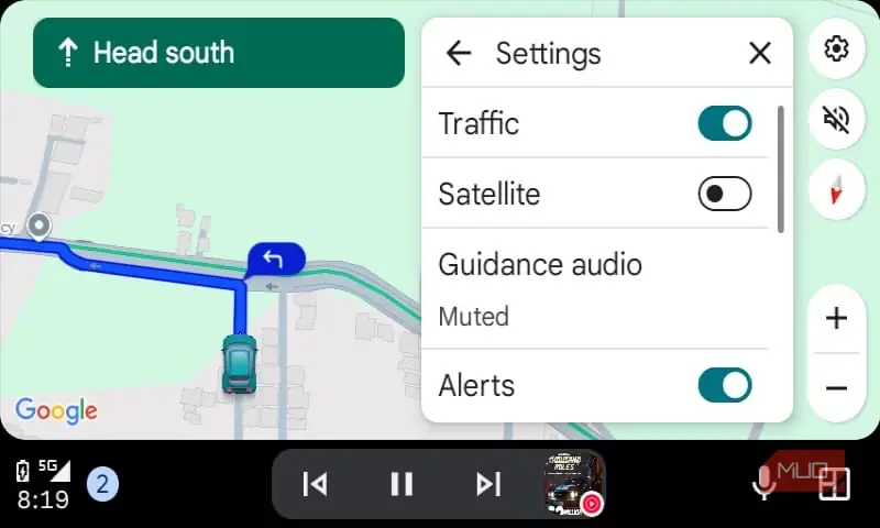 نمای تنظیمات مسیر در Google Maps روی Android Auto