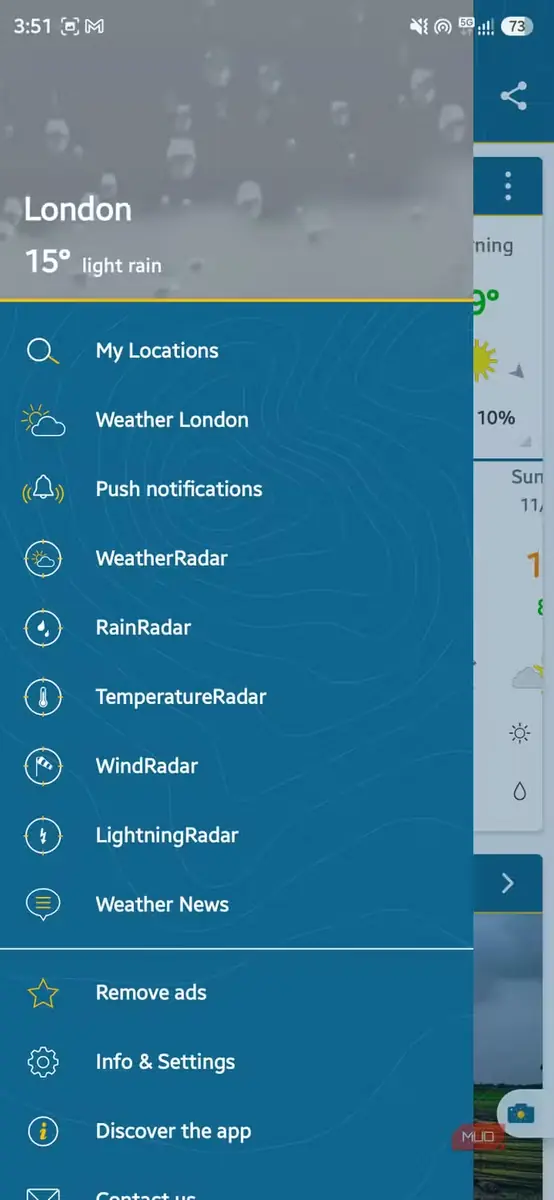 کشوی بازِ فهرست پیمایش در اپلیکیشن Weather & Radar