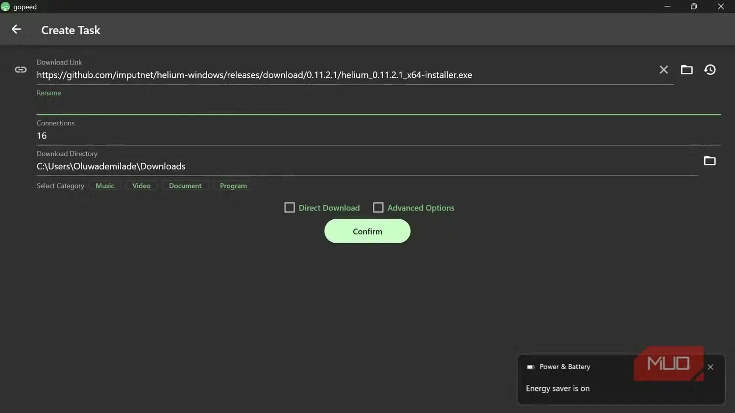 صفحهٔ «ایجاد وظیفه» در Gopeed با پیوند بارگیری واردشده از GitHub
