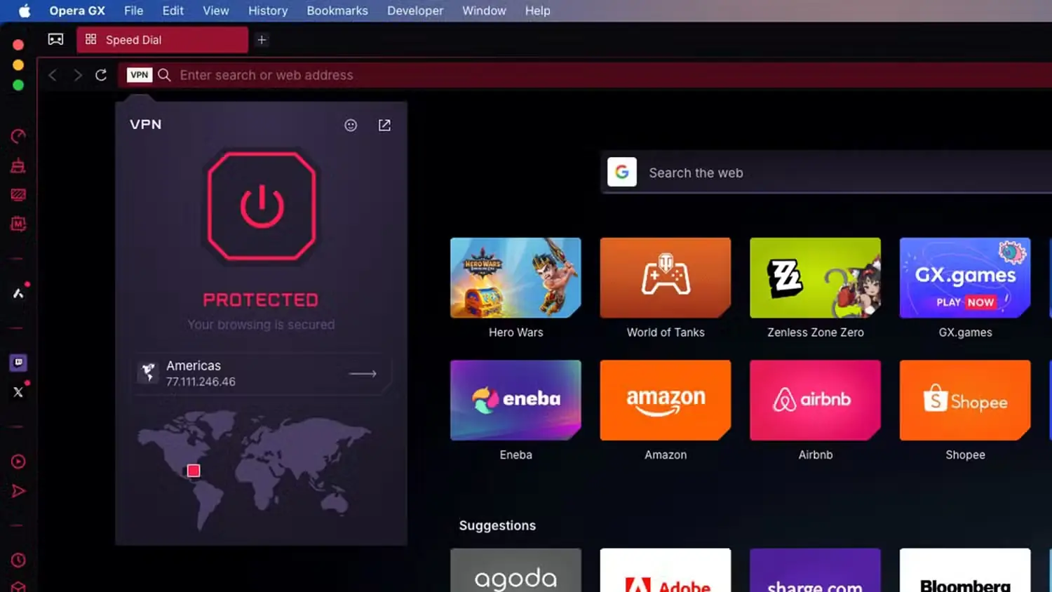 VPN داخلی در مرورگر Opera GX