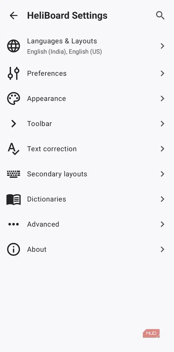 منوی تنظیمات صفحهکلید HeliBoard