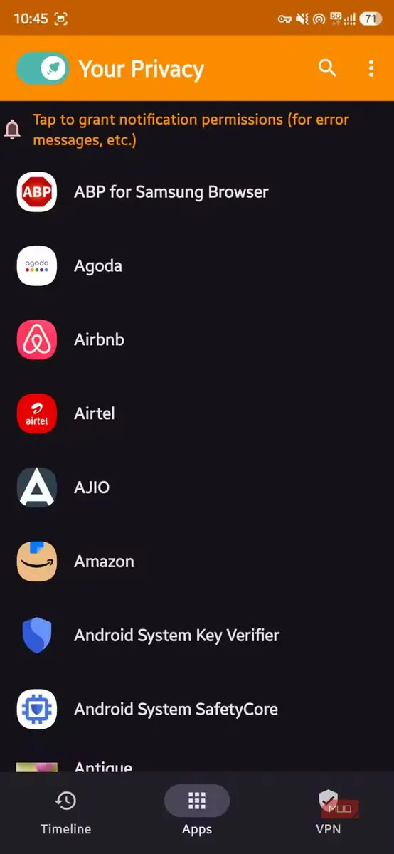 نمایش فهرست برنامهها در TrackerControl