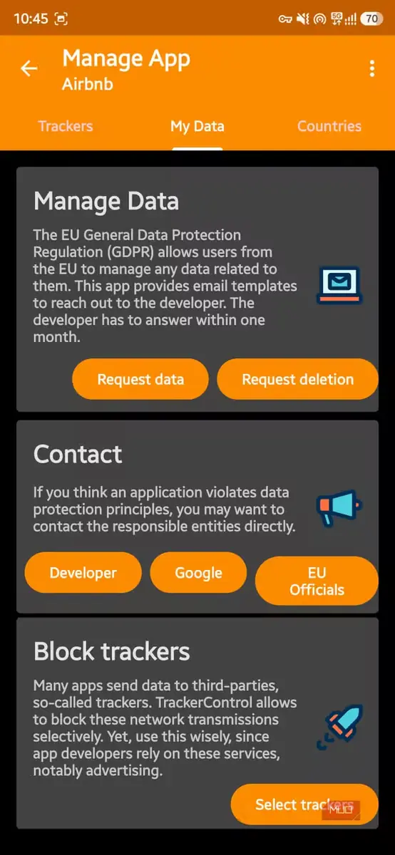 گزینه حذف دادههای شخصی در TrackerControl