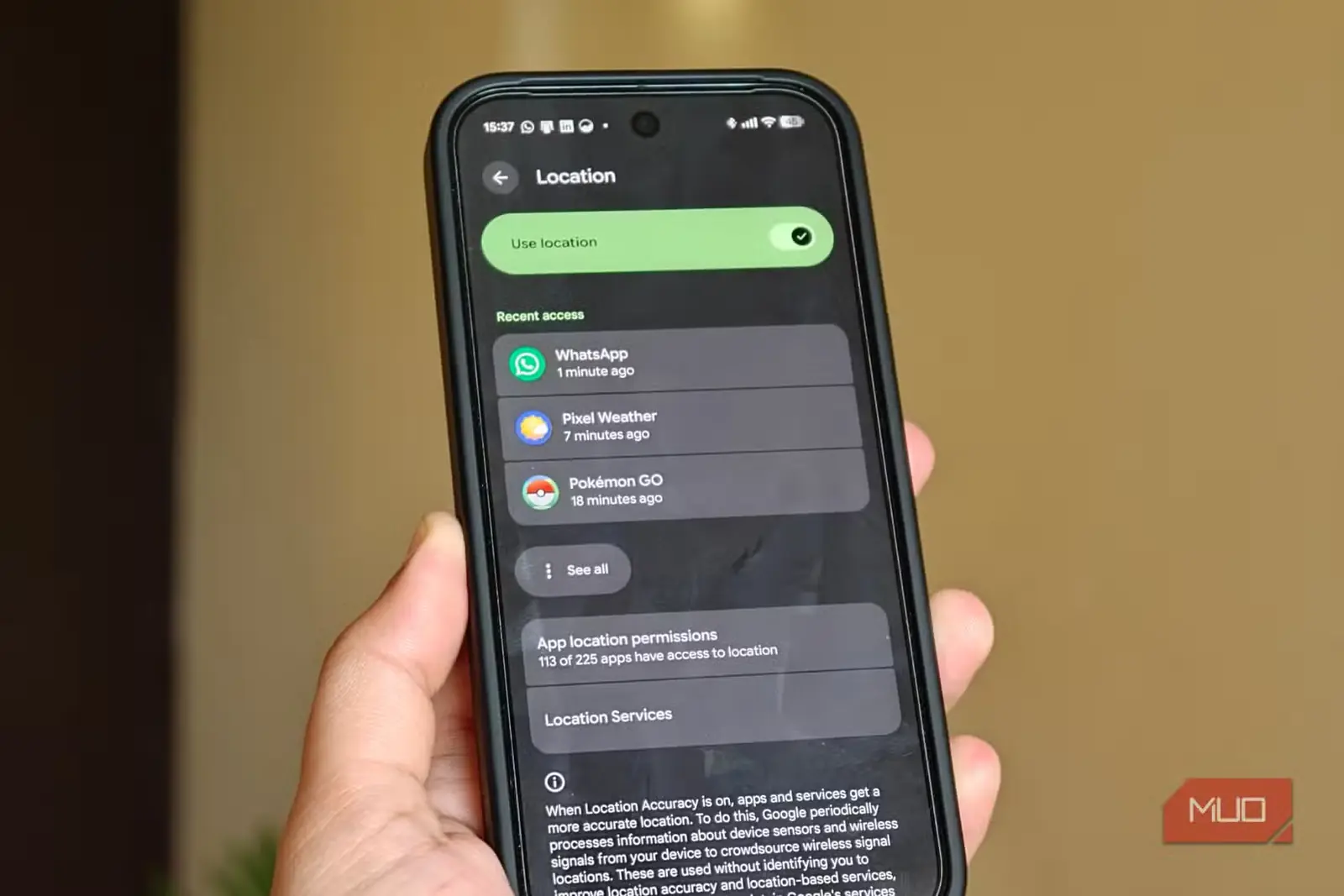 گزینه روشنِ «استفاده از مکان» در Google Pixel 10 Pro