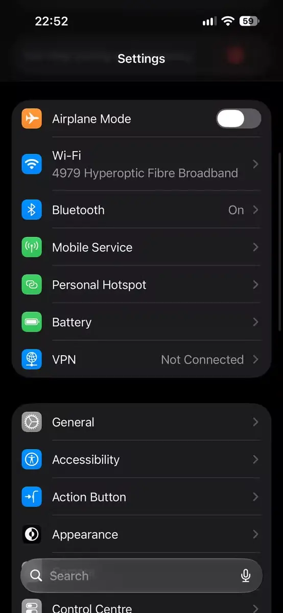 گزینهٔ Wi-Fi در تنظیمات iPhone ـ نمای نخست
