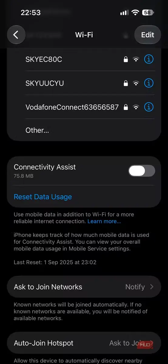 گزینهٔ بازنشانی مصرف داده در یک iPhone