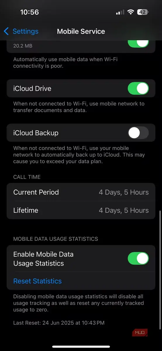 گزینهٔ بازنشانی آمار در iPhone