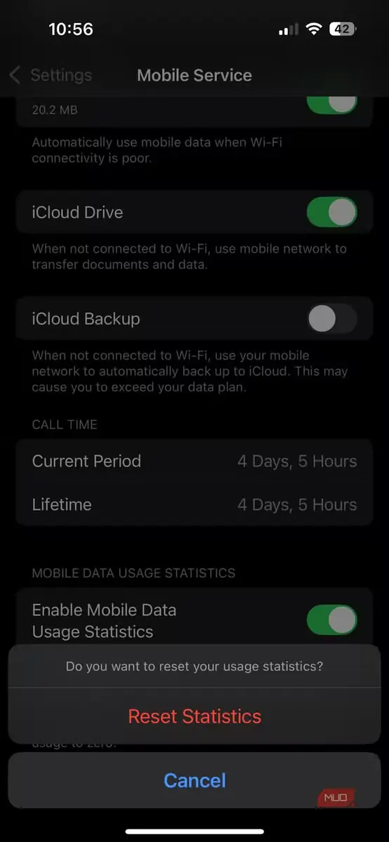 پیام تأیید بازنشانی آمار در iPhone