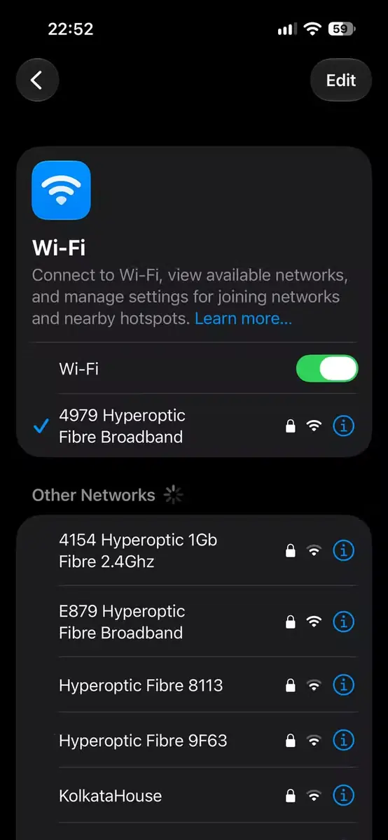 بخش Wi-Fi در تنظیمات یک iPhone