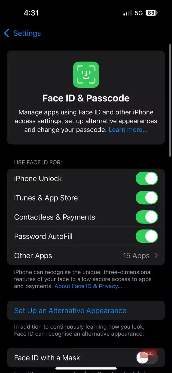 صفحه Face ID و رمز عبور در گوشی iPhone