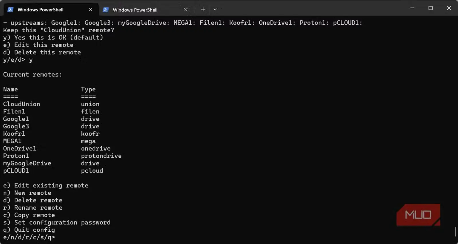 فضاهای راه دور نصبشده در rclone