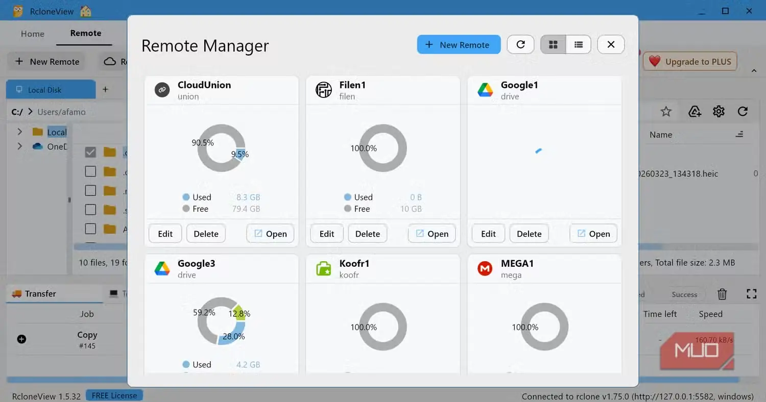 نمایش فضاهای راه دور در rclone_view