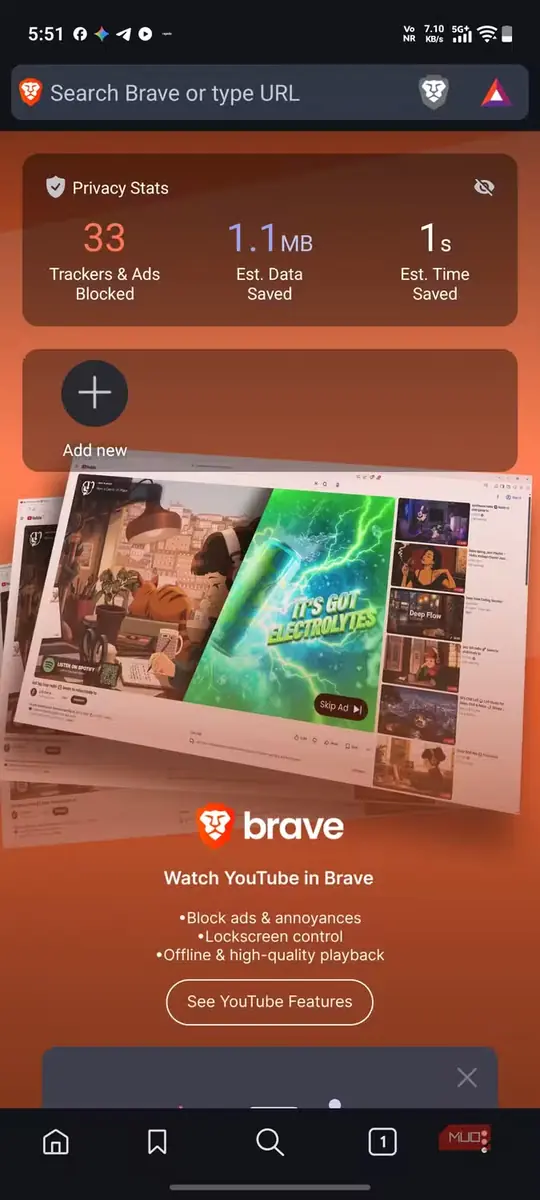 نمایی از مرورگر Brave روی گوشی vivo X300 Pro