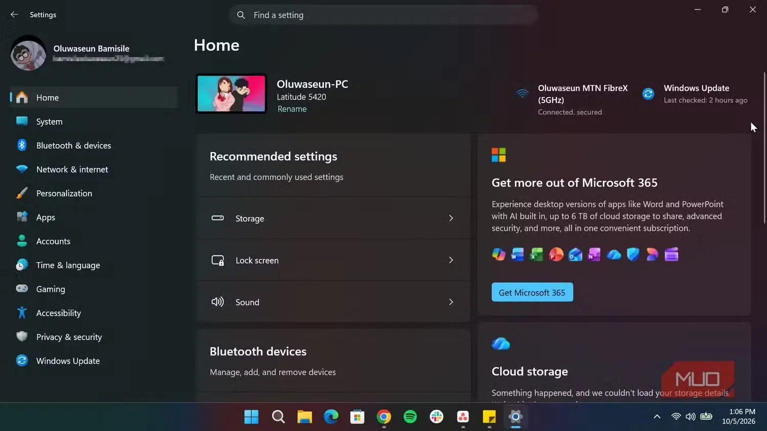 نمای برنامه تنظیمات Windows