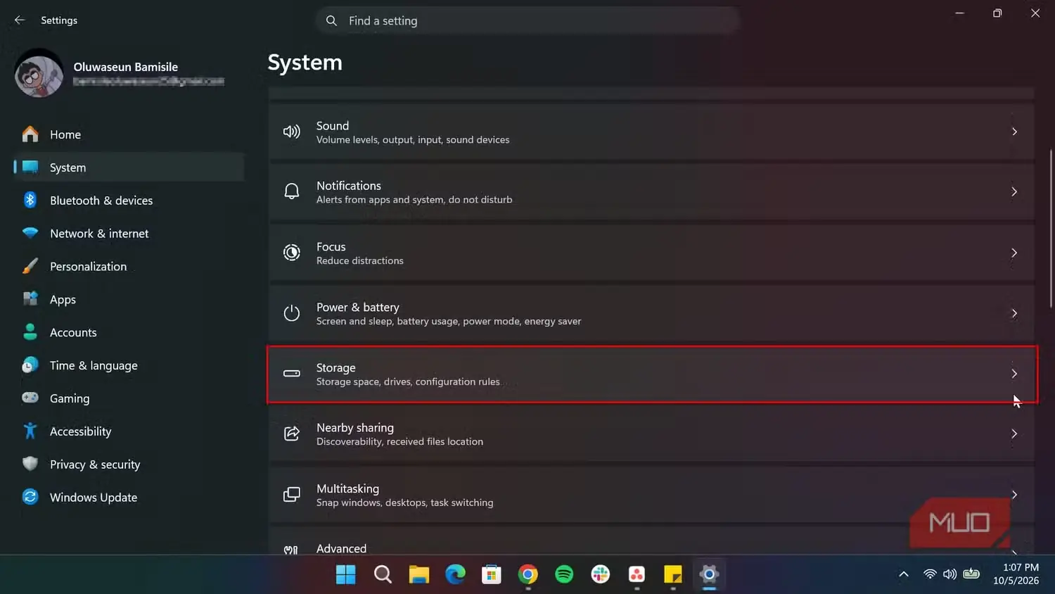 صفحه سامانه در برنامه تنظیمات Windows