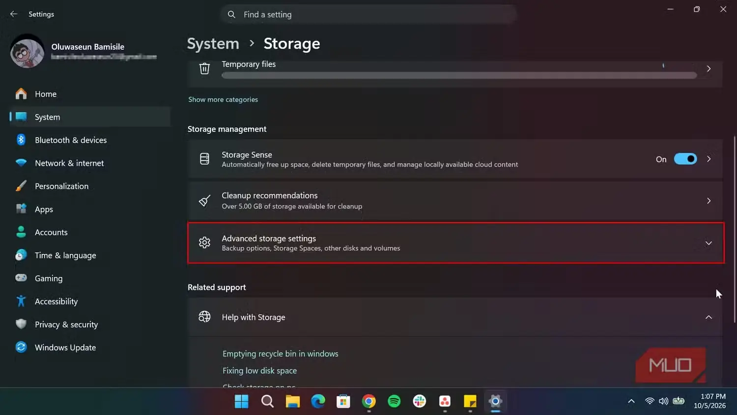 صفحه فضای ذخیرهسازی در تنظیمات Windows