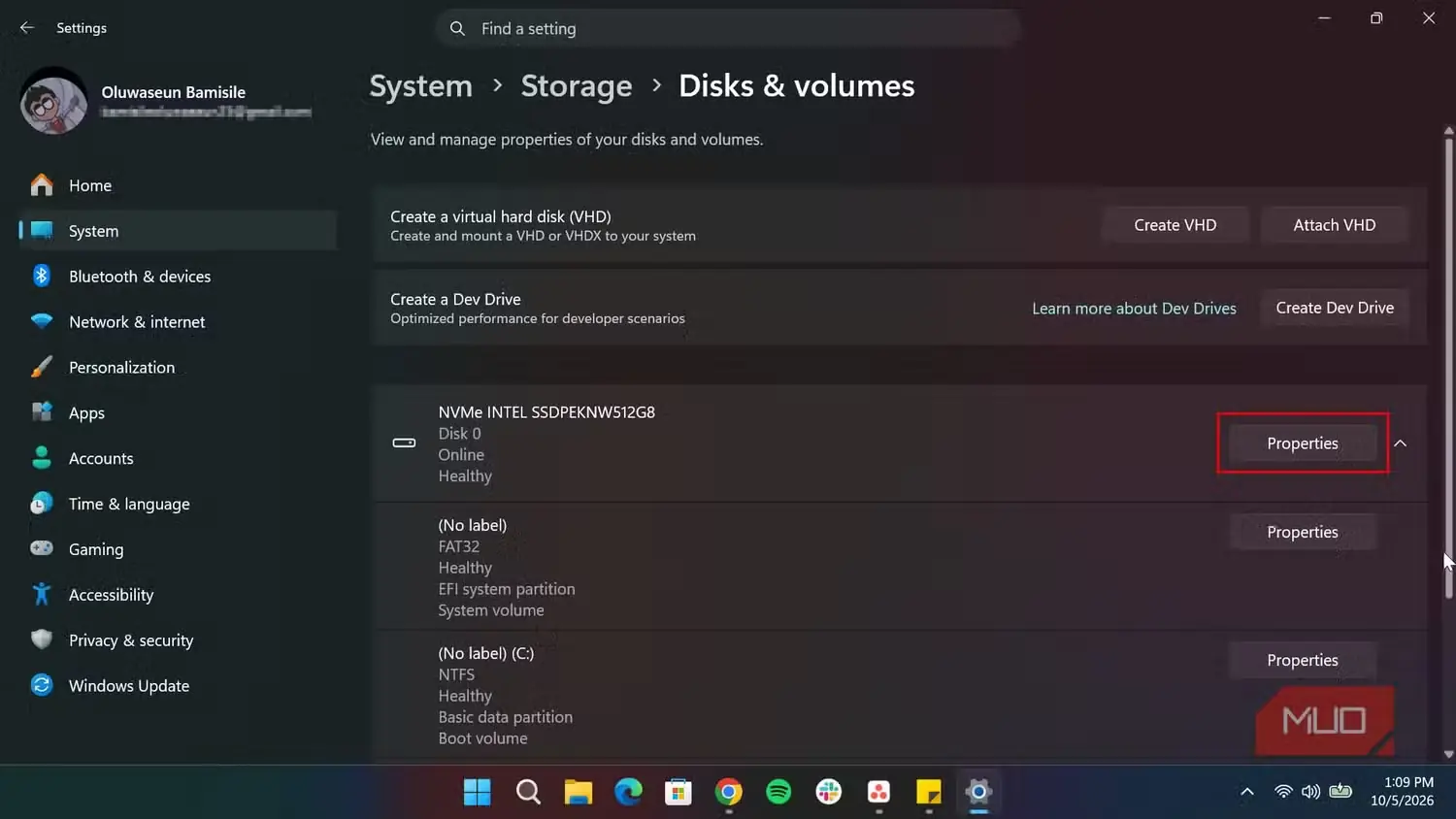 صفحه دیسکها و حجمها در Windows
