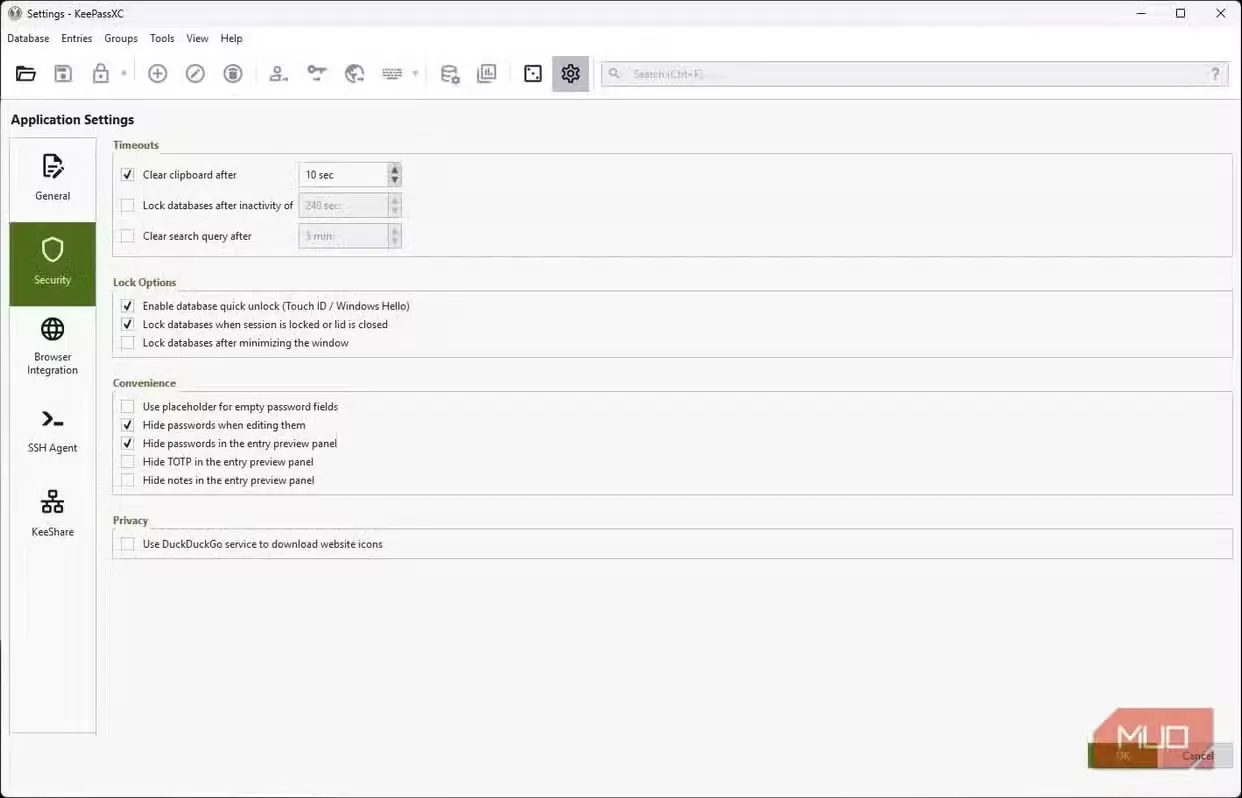 تغییر تنظیمات امنیتی KeePassXC