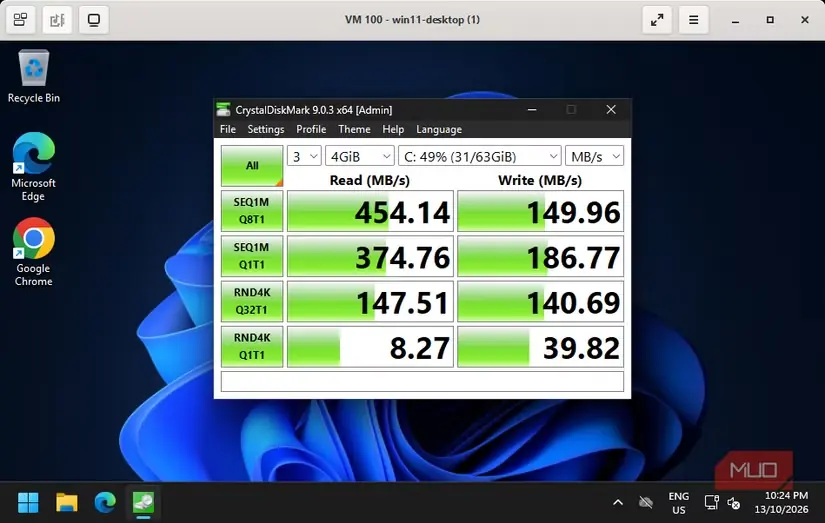 نتایج CrystalDiskMark برای ماشین مجازی Windows روی حافظهٔ Intel SATA SSD