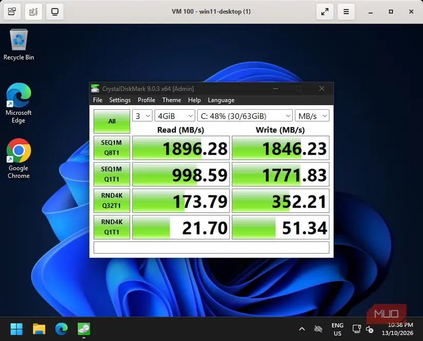 نتایج CrystalDiskMark برای همان ماشین مجازی Windows روی حافظهٔ Gigabyte NVMe SSD