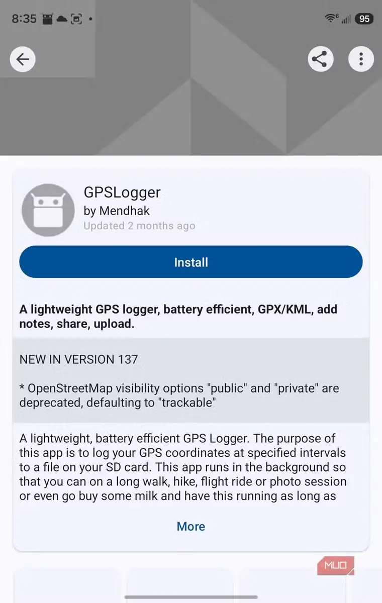 صفحه نصب برنامه GPSLogger