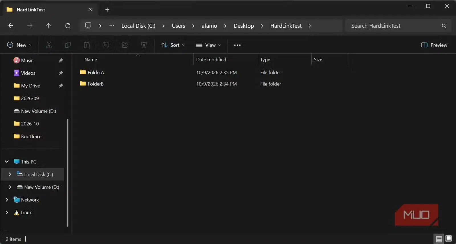 دو پوشه ساختهشده درون HardLinkTest برای این آزمایش